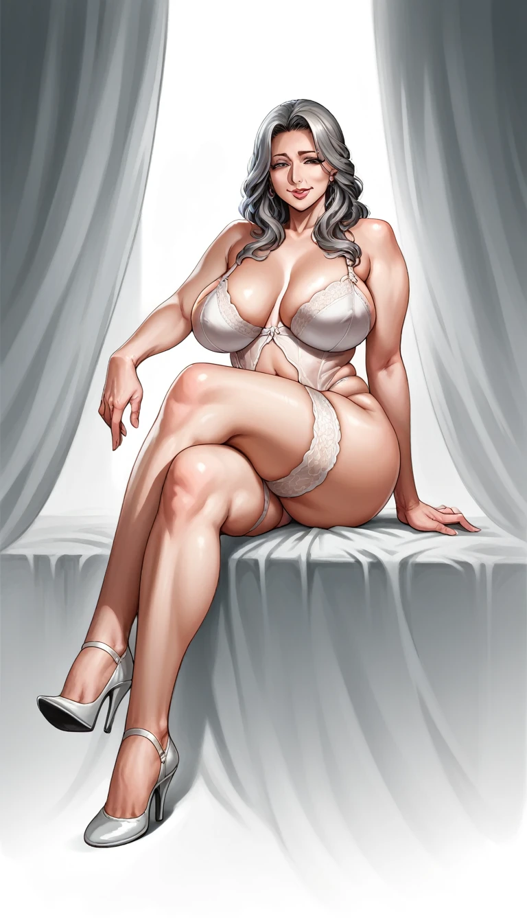 masterpiece, best quality, 4k, detailed, intricate, realistic),atmospheric lighting,mature female,milf,solo,sitting,1girl, lingerie, grey hair,long loose hair,skindentation,curvy, flirty smile, thick lips, crossed leg sitting, full body shot, high heels,