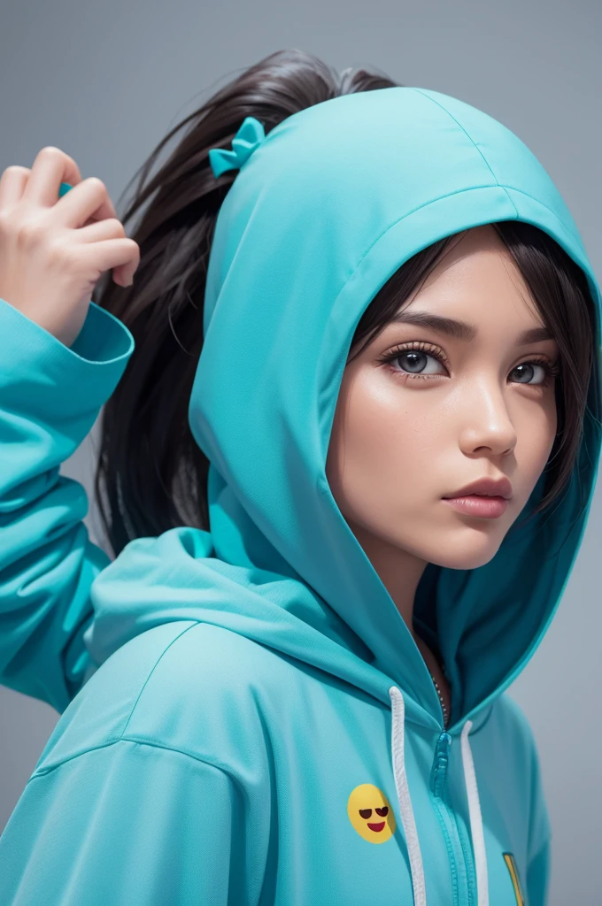a very real emoji with a brave and trivial appearance, with turquoise hood and plastic appearance, Super real details, High definition