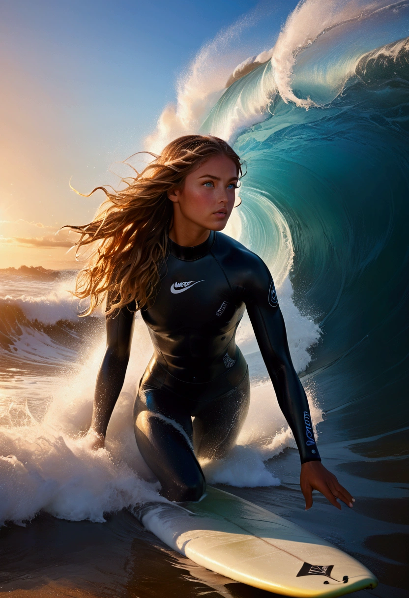 1girl, Surfing, a surfer riding a huge wave, ocean waves crashing, beautiful detailed eyes, beautiful detailed lips, extremely detailed face and skin, long hair blowing in the wind, muscular fit body, ocean spray, golden hour lighting, vibrant colors, cinematic composition, 8k, highres, masterpiece, best quality, very aesthetic, absurdres