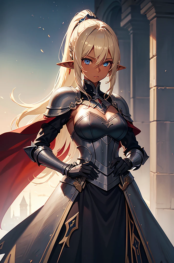 Beautiful images,Detailed Images,Official image,One Woman,Blonde,Blue Eyes,Ponytail Hair,Dark Skin:1.3,Elf Ears,Black Knight Heavy Armor,Red Cape,Carry a sheathed sword on your waist