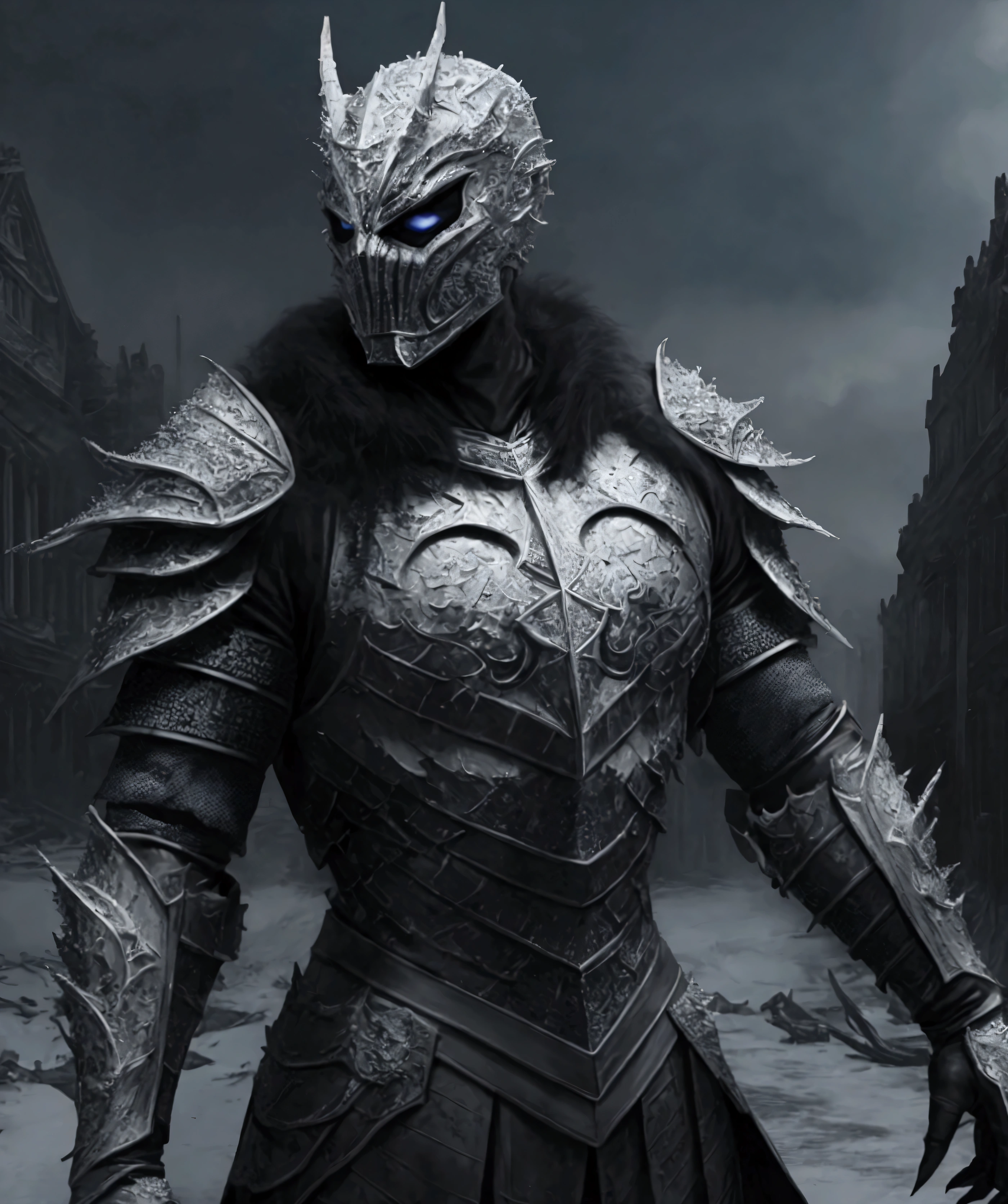 (extremely detailed 8k wallpaper), a medium shot photo of Grim dressed as a scary masked krystal-supervillain in a textured armour made of all white crystals glowing armour with textured details from marvel, theme, intricate, high detail, dramatic, big mud monster and destroyed buildings in the background