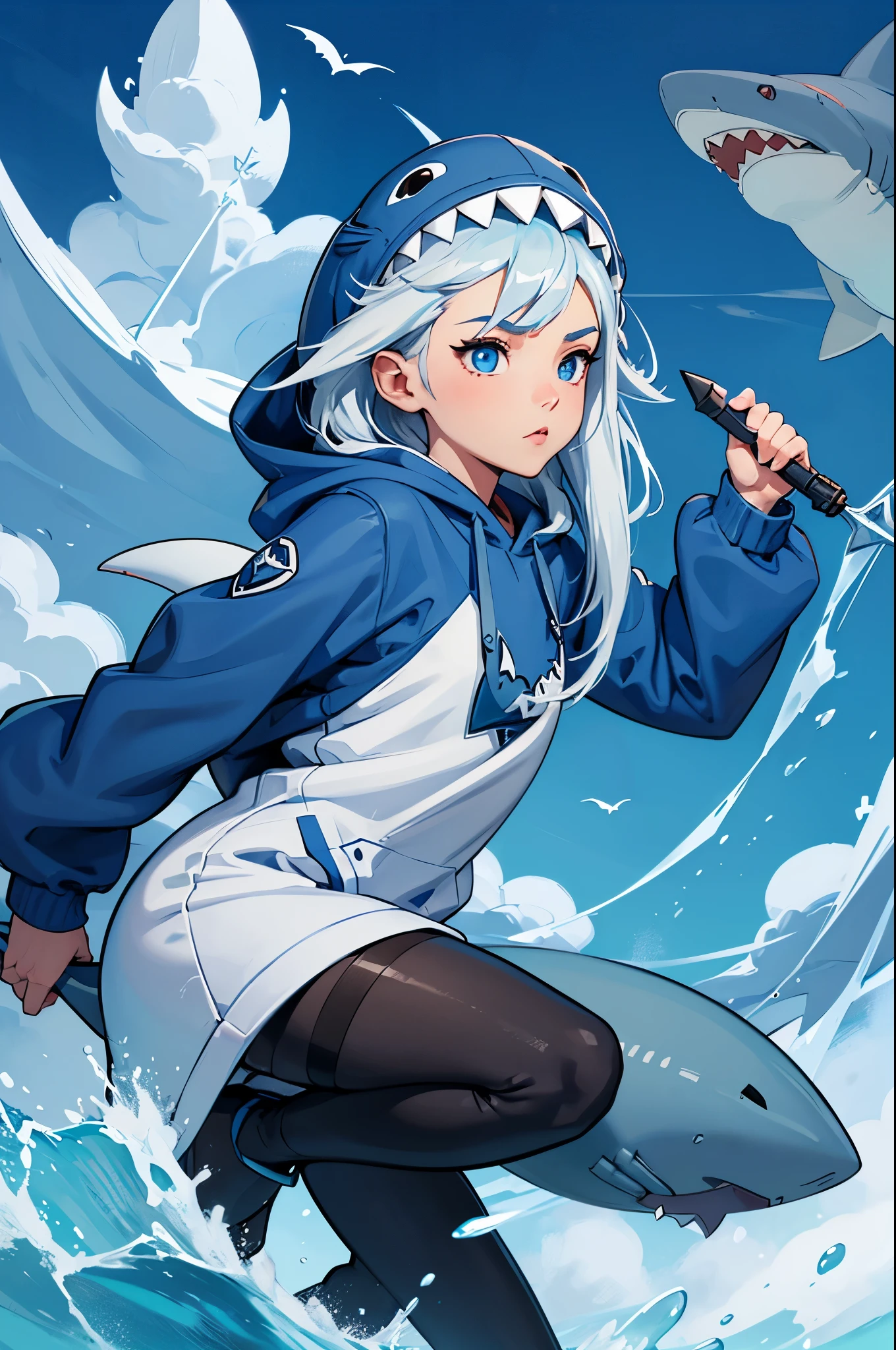 A cute illustration of Gawr Gura, the shark-themed VTuber, wearing her signature blue hoodie with a shark tail and hood. She has white hair with blue tips and big blue eyes. Gawr Gura is holding a trident and is surrounded by small, adorable shark plushies. The background is simple and easy
