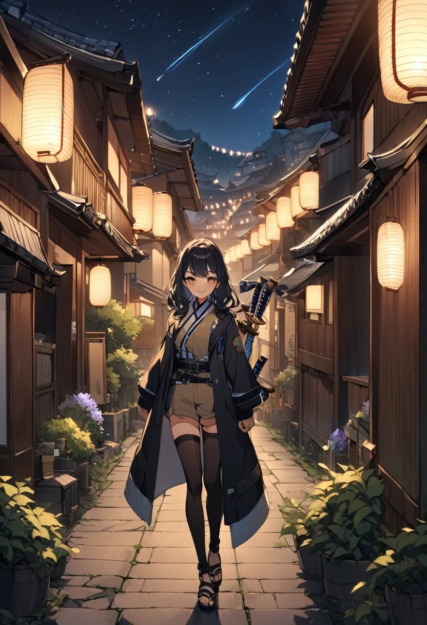 Captura de pantalla Kimetsu no Yaiba. Young woman long wavy black hair. Golden eyes long and thick eyelashes.  Wearing hunter uniform, black jacket shorts black belt. High beige stockings and black sandals.  Featuring a white overlay with blue gradient and shooting star pattern.  Holding a lilac and blue hilt Katana . In the background an old Japanese town with a night sky.  wide shot 