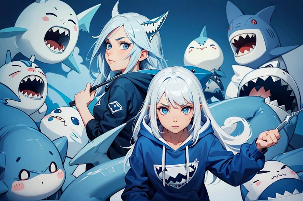 A cute illustration of Gawr Gura, the shark-themed VTuber, wearing her signature blue hoodie with a shark tail and hood. She has white hair with blue tips and big blue eyes. Gawr Gura is holding a trident and is surrounded by small, adorable shark plushies. The background is simple and easy