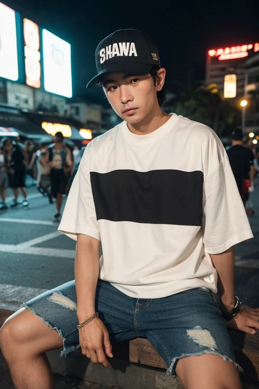 Street style portrait of a 32 year old Asian man, Beautiful detailed brown skin, shorth hair, snapback hat For an oversized bomber jacket, suitable for spring and summer、This graphic t-shirt。Pair with ripped black jeans and high-top sneakers, carrying the bag faces the audience. Rio de Janeiro city background, bright night world.