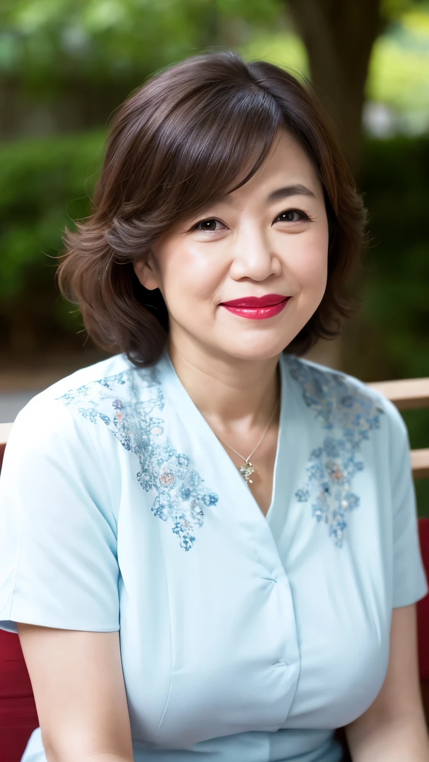 sitting on a park bench, Wrinkles around the eyes, Smiling with teeth showing, Plain short-sleeved clothing, senior citizen, Draw lips correctly, Red lipstick, No discomfort, 16K, Highest quality, Very detailed, Realistic, Very detailed肌, Japanese, alone, 60 years old, Large Breasts, , Glamour, sexy, , Staring straight ahead,