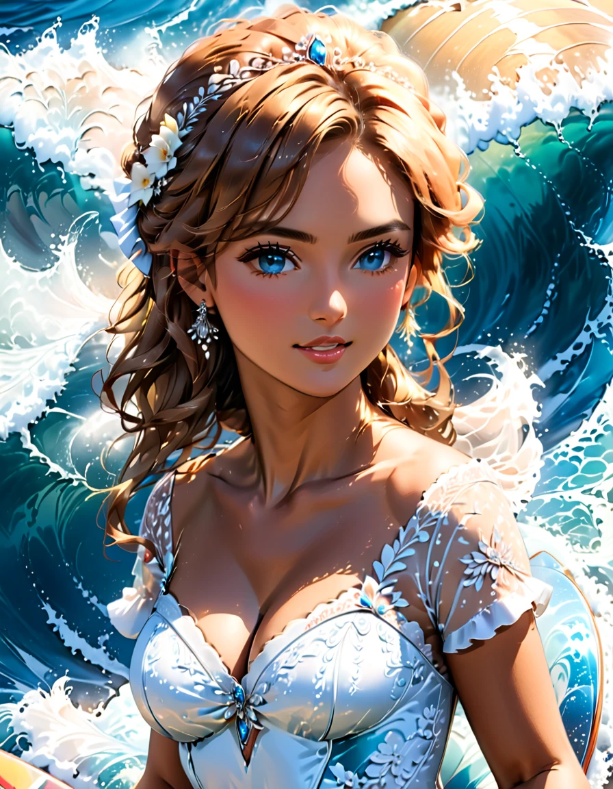 a portrait of a bride surfing the waves, on a sunny day in ocean, an exotic beautiful bride,   ((anatomically correct: 1.5)) ultra detailed face, dynamic hair color, dynamic hair style, dynamic skin complexion, (best detailed face: 1.5), busty wearing intricate, elegant bride's dress, glamour bride dress, barefoot, she is surfing on ((surf board: 1.5)) she surfs a massive wave, sunny day, sun rays, some clouds, wavy ocean background, vibrant, Ultra-high resolution, High Contrast, (masterpiece:1.5), highest quality, Best aesthetics), best details, best quality, highres, 16k, (ultra detailed: 1.5), masterpiece, best quality, (extremely detailed) RAW, (ultra details, Masterpiece, best quality), sexy wedding dress, Cinematic Hollywood Film