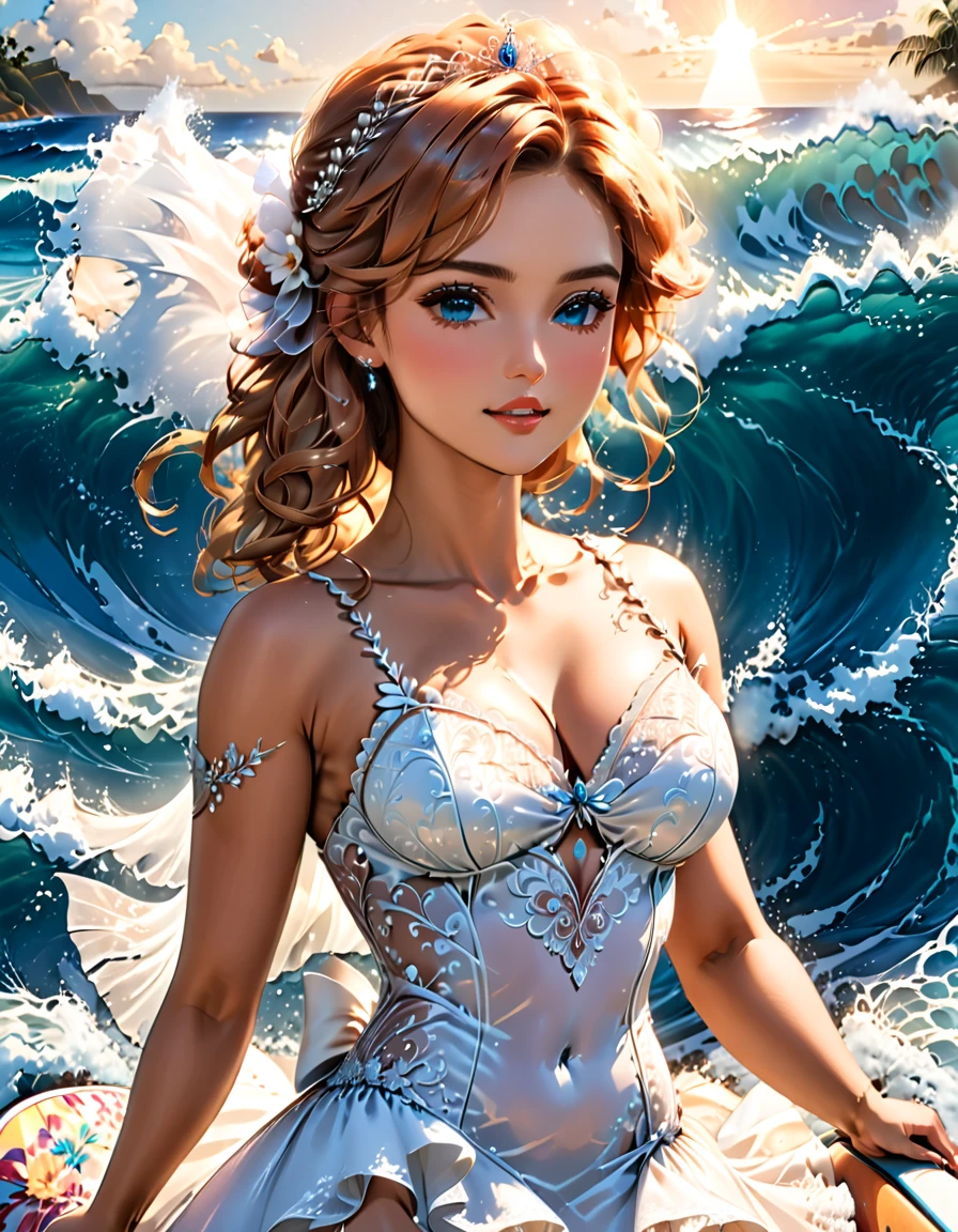 a portrait of a bride surfing the waves, on a sunny day in ocean, an exotic beautiful bride,   ((anatomically correct: 1.5)) ultra detailed face, dynamic hair color, dynamic hair style, dynamic skin complexion, (best detailed face: 1.5), busty wearing intricate, elegant bride's dress, glamour bride dress, barefoot, she is surfing on ((surf board: 1.5)) she surfs a massive wave, sunny day, sun rays, some clouds, wavy ocean background, vibrant, Ultra-high resolution, High Contrast, (masterpiece:1.5), highest quality, Best aesthetics), best details, best quality, highres, 16k, (ultra detailed: 1.5), masterpiece, best quality, (extremely detailed) RAW, (ultra details, Masterpiece, best quality), sexy wedding dress, Cinematic Hollywood Film