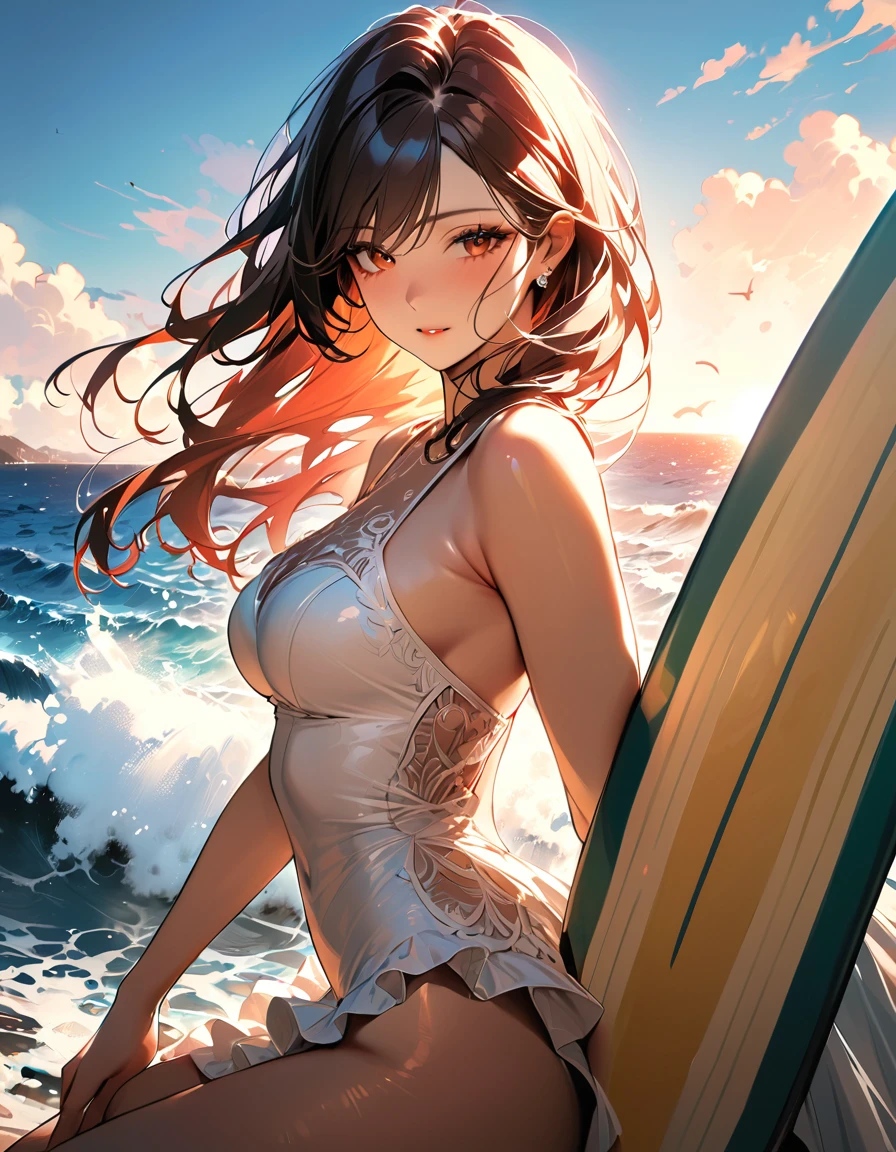 a portrait of a bride surfing the waves, on a sunny day in ocean, an exotic beautiful bride, ((anatomically correct: 1.5)) ultra detailed face, dynamic hair color, dynamic hair style, dynamic skin complexion, (best detailed face: 1.5), busty wearing intricate, elegant bride's dress, glamour bride dress, barefoot, she is surfing an (surf board: 1.3) she surfs a massive wave, sunny day, sun rays, some clouds, wavy ocean background, vibrant, Ultra-high resolution, High Contrast, (masterpiece:1.5), highest quality, Best aesthetics), best details, best quality, highres, 16k, (ultra detailed: 1.5), masterpiece, best quality, (extremely detailed) RAW, (ultra details, Masterpiece, best quality), Dark Art Painting Style, princess dress