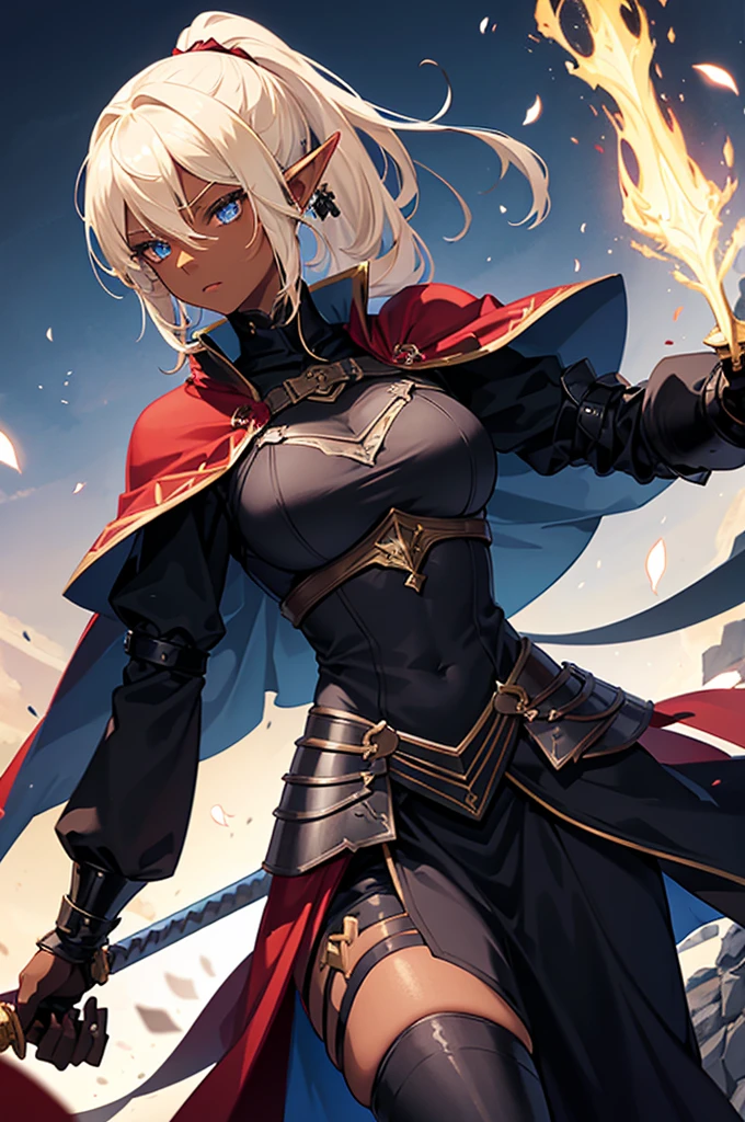 Beautiful images,Detailed Images,Official image,One Woman,Blonde,Blue Eyes,Ponytail Hair,(Dark Skin:1.3),Elf Ears,Black Knight Heavy Armor,Red Cape,Carry a sheathed sword on your waist