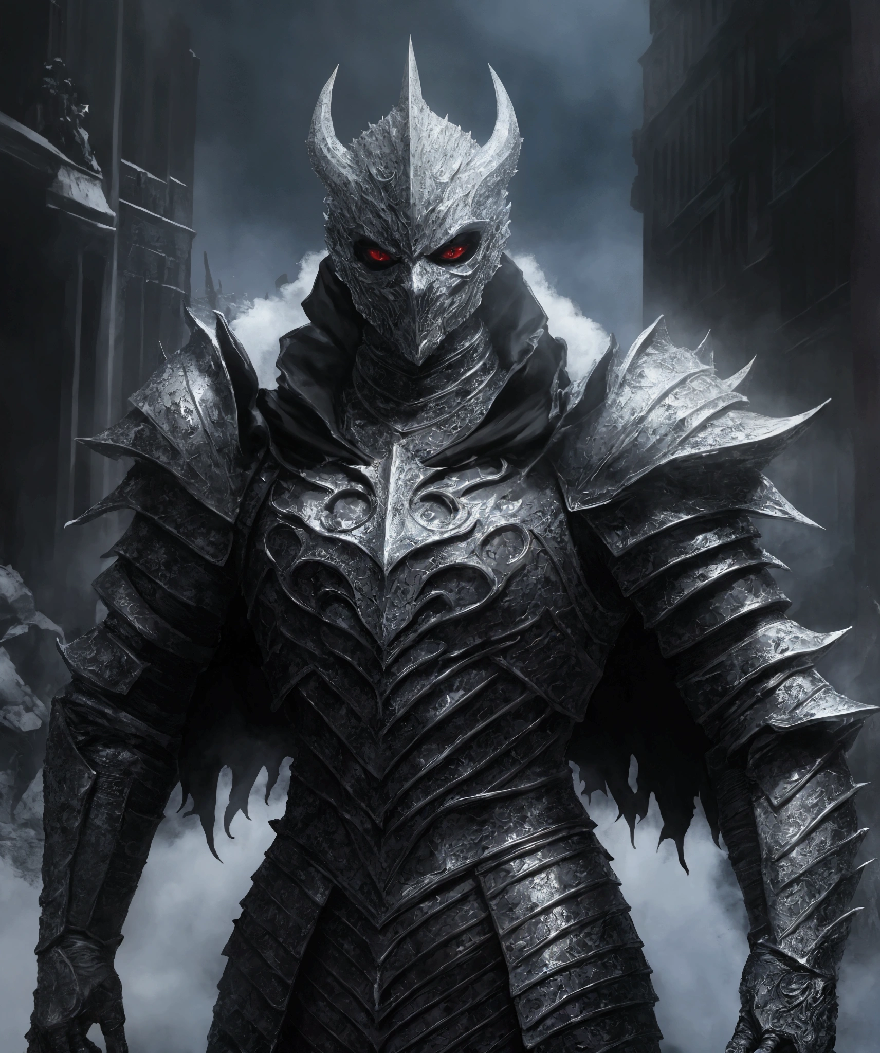 (extremely detailed 8k wallpaper), a medium shot photo of Grim dressed as a scary masked krystal-supervillain in a textured armour made of all white crystals glowing armour with textured details from marvel, theme, intricate, high detail, dramatic, big mud monster and destroyed buildings in the background