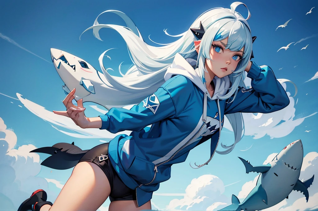 A cute illustration of Gawr Gura, the shark-themed VTuber, wearing her signature blue hoodie with a shark tail and hood. She has white hair with blue tips and big blue eyes. Gawr Gura is holding a trident and is surrounded by small, adorable shark plushies. The background is simple and easy
