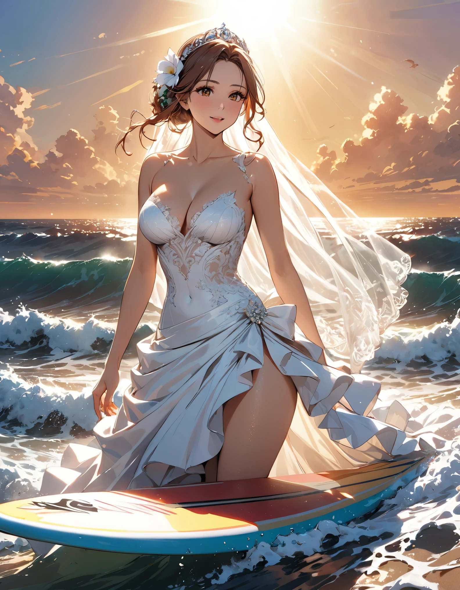 a portrait of a bride surfing the waves, on a sunny day in ocean, an exotic beautiful bride, ((anatomically correct: 1.5)) ultra detailed face, dynamic hair color, dynamic hair style, dynamic skin complexion, (best detailed face: 1.5), busty wearing intricate, elegant bride's dress, glamour bride dress, barefoot, she is surfing an ((surf board: 1.3)) she surfs a massive wave, sunny day, sun rays, some clouds, wavy ocean background, vibrant, Ultra-high resolution, High Contrast, (masterpiece:1.5), highest quality, Best aesthetics), best details, best quality, highres, 16k, (ultra detailed: 1.5), masterpiece, best quality, (extremely detailed) RAW, (ultra details, Masterpiece, best quality), ba11g0wn, princess dress