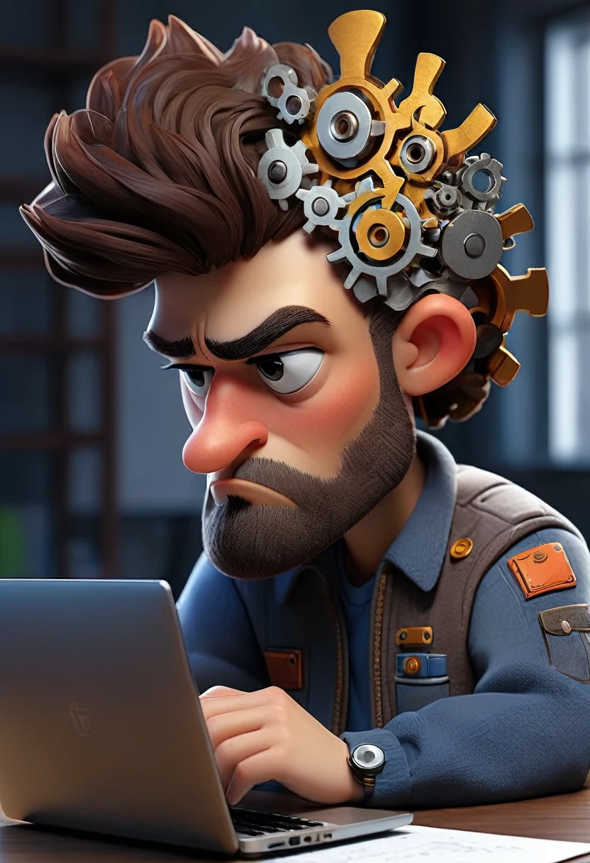 create a drawing of a sitting in front of his laptop thoughtfully, calculations appear above his head, programming sequences, gears