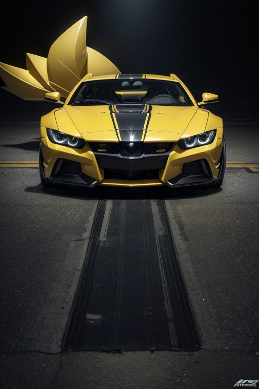 Make a dark yellow Power Rangers Transformers Decepticon car with fox vinyl and fox details from Miles Tails Prower from Sonic