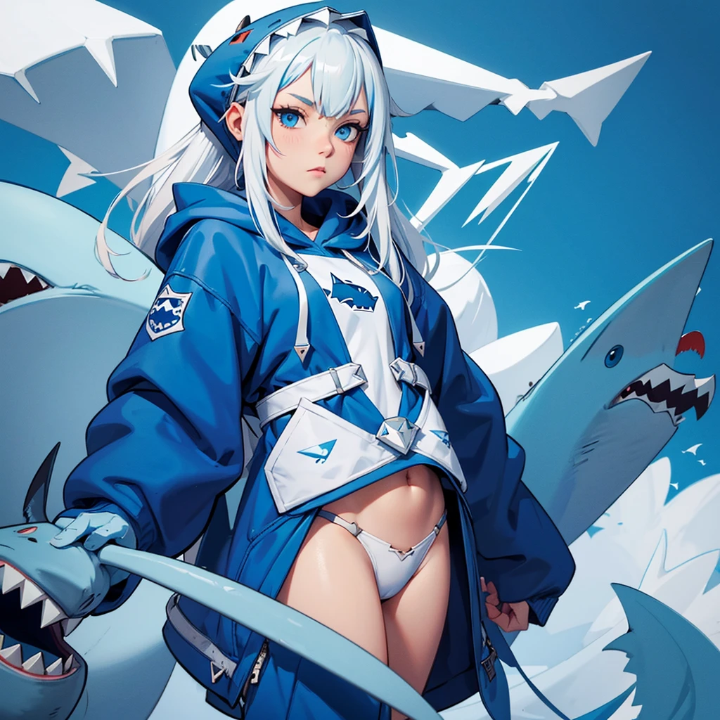 A cute illustration of Gawr Gura, the shark-themed VTuber, wearing her signature blue hoodie with a shark tail and hood. She has white hair with blue tips and big blue eyes. Gawr Gura is holding a trident and is surrounded by small, adorable shark plushies. The background is simple and easy
