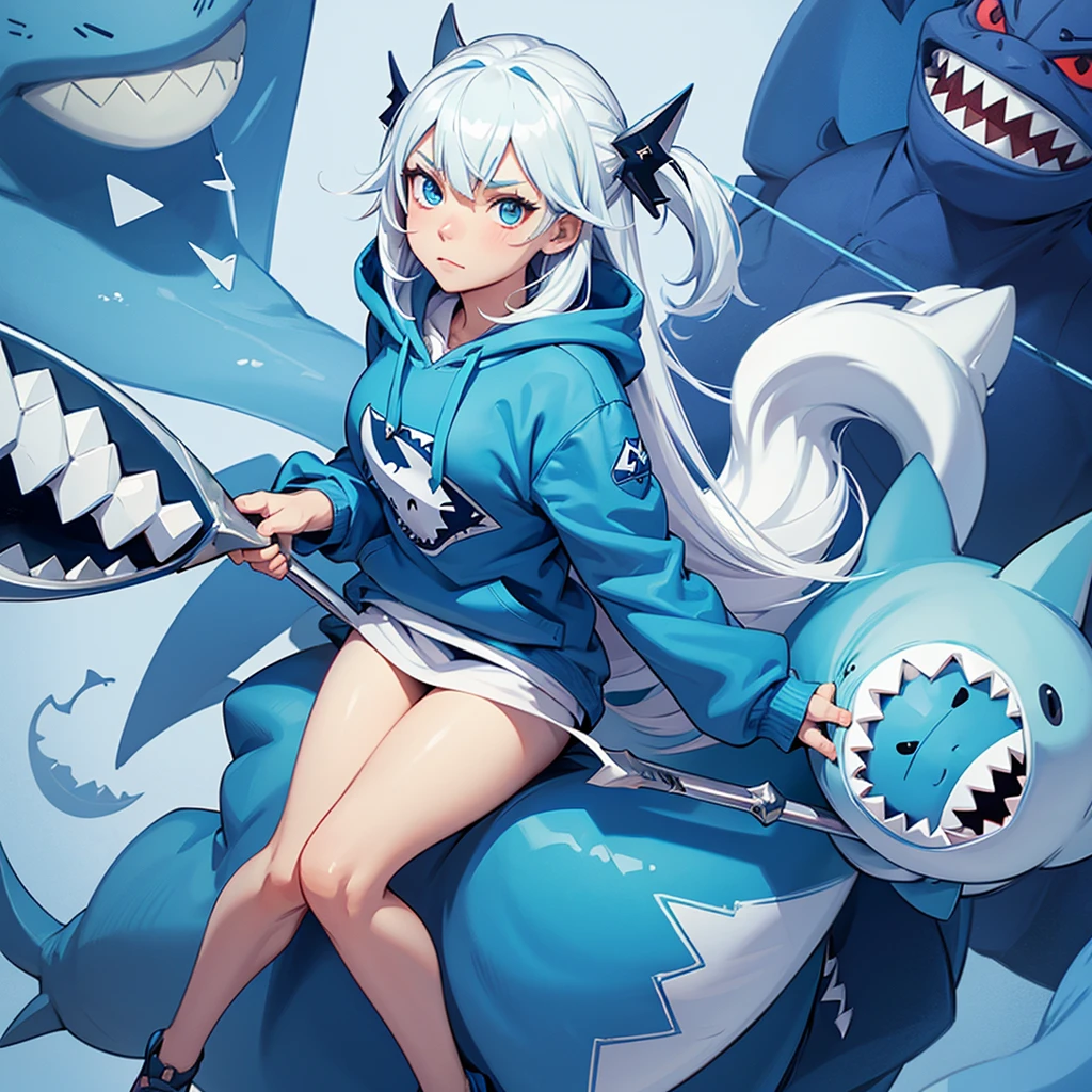 A cute illustration of Gawr Gura, the shark-themed VTuber, wearing her signature blue hoodie with a shark tail and hood. She has white hair with blue tips and big blue eyes. Gawr Gura is holding a trident and is surrounded by small, adorable shark plushies. The background is simple and easy