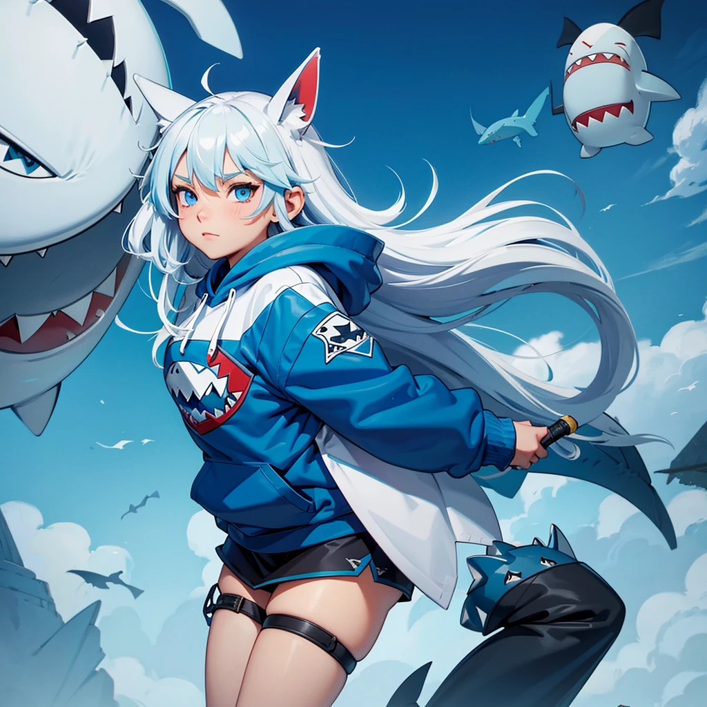 A cute illustration of Gawr Gura, the shark-themed VTuber, wearing her signature blue hoodie with a shark tail and hood. She has white hair with blue tips and big blue eyes. Gawr Gura is holding a trident and is surrounded by small, adorable shark plushies. The background is simple and easy