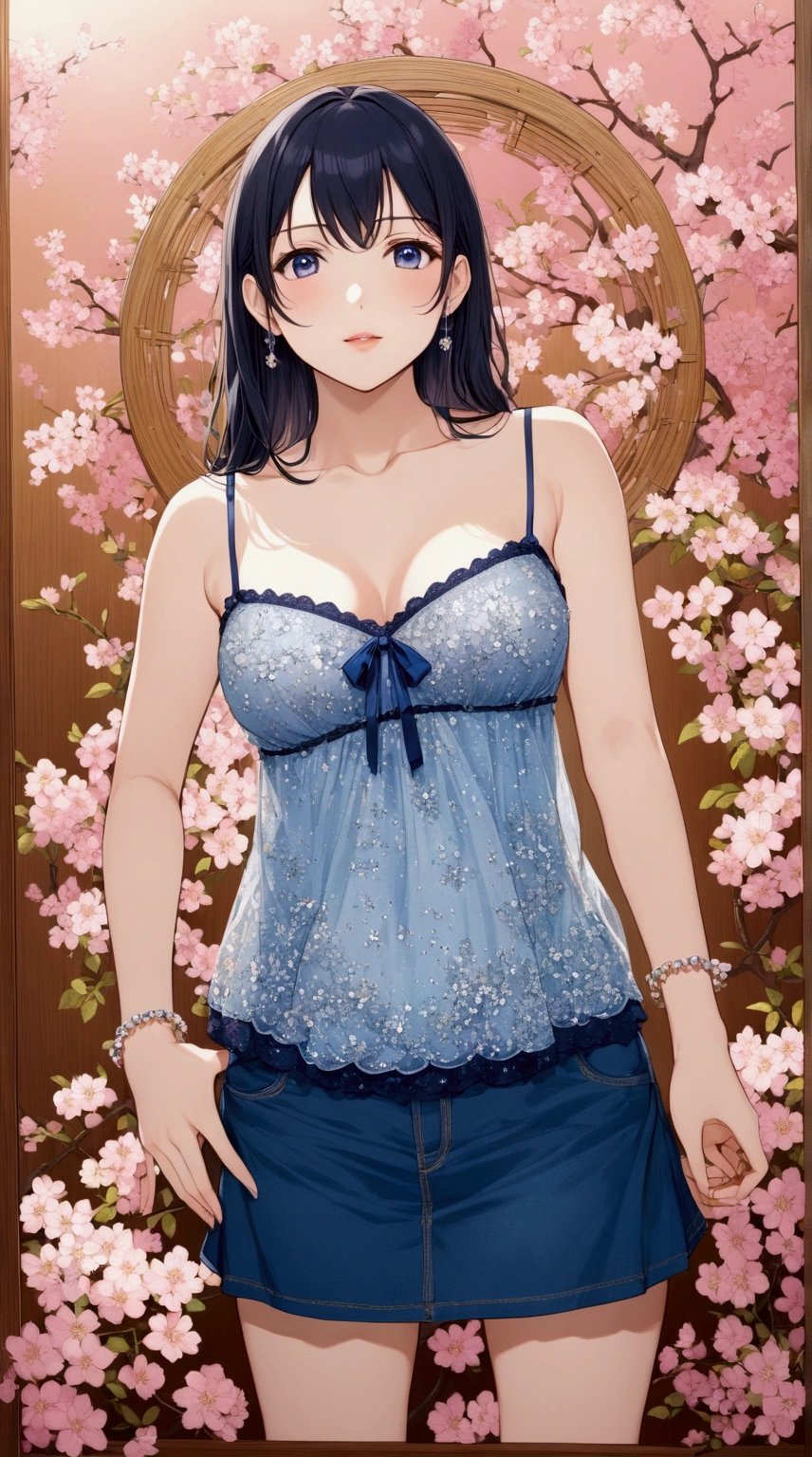 anime illustration of pretty young woman in a blue top and denim skirt posing for a picture, seductive camisole, wearing a camisole, seductive lingerie camisole, sequin top, blue tank top, sleeveless tops, fancy top, sleeveless, wearing a cute top, cute top, wearing a dress made of beads, wearing a designer top, beads cross onbare chest, (1girls, solo, full body), (masterpiece, best quality, Japanese anime style)