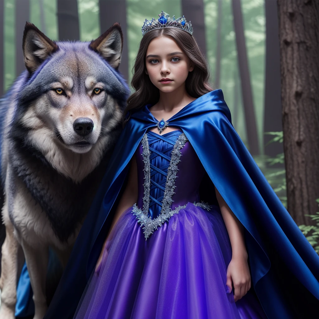 a gorgeous 12 year-old girl wearing a purple tulle ball gown with blue satin cape cloak, beautiful scared princess, next to a big evil standing wolf in a forest, mesmerizing fantasy render, extremely detailed, 4k, perfect face