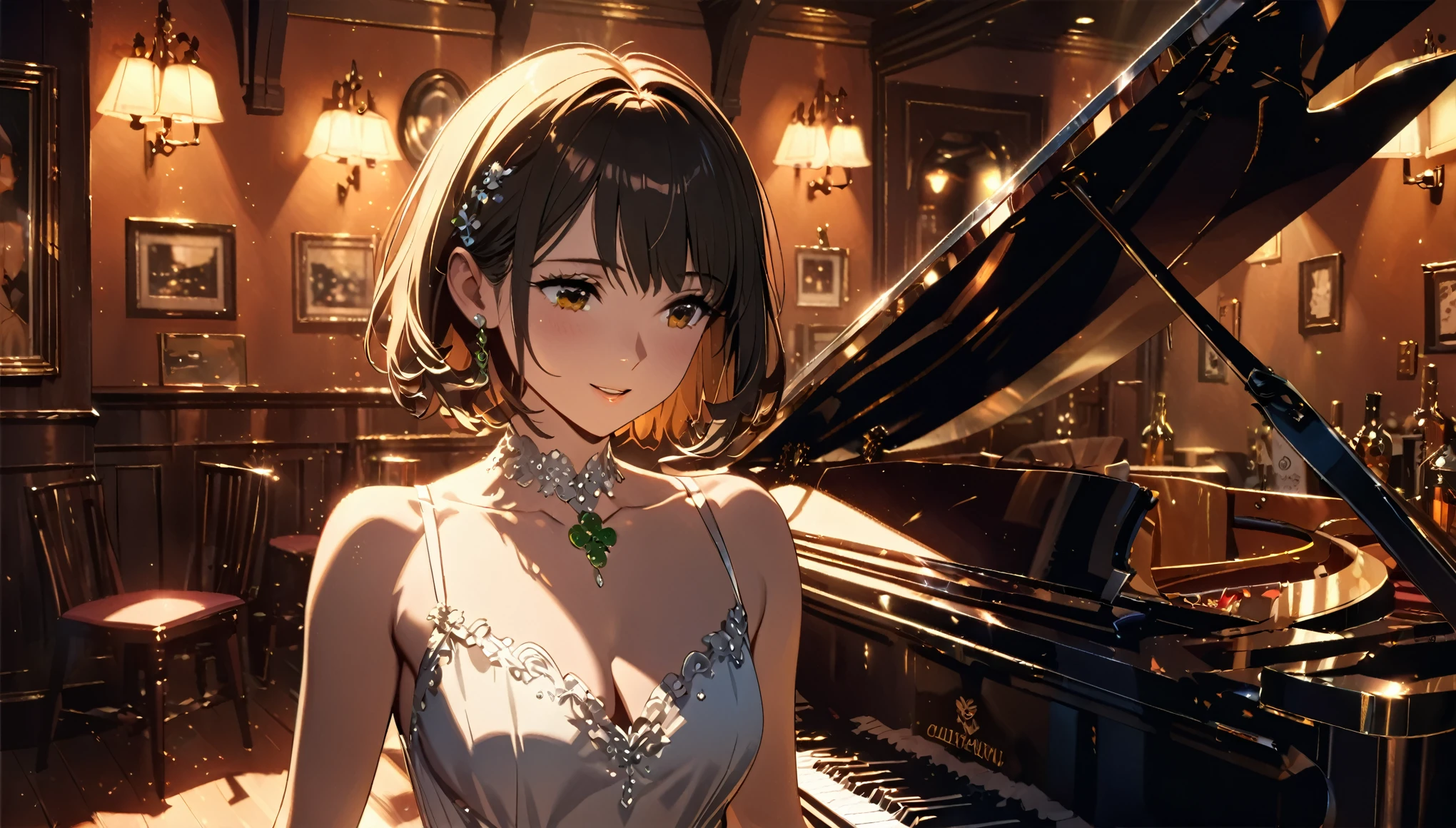 Beautiful woman singing in an Irish pub、She is leaning against a grand piano and singing in a sexy dress.、Short hair、A Ghibli-like touch、chiaroscuro lighting, dramatic lighting, warm color palette, high quality, 8k, photorealistic, masterpiece, cinematic, dramatic、smile