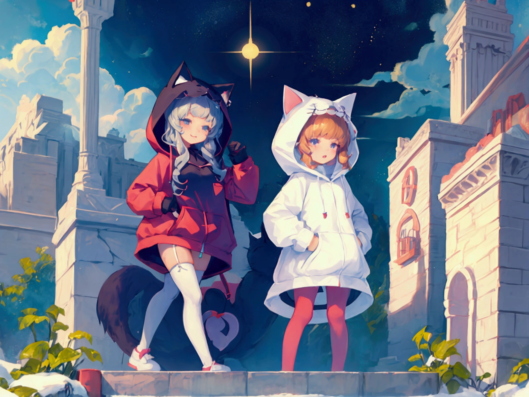 2 cute girls in cat hooded outfits