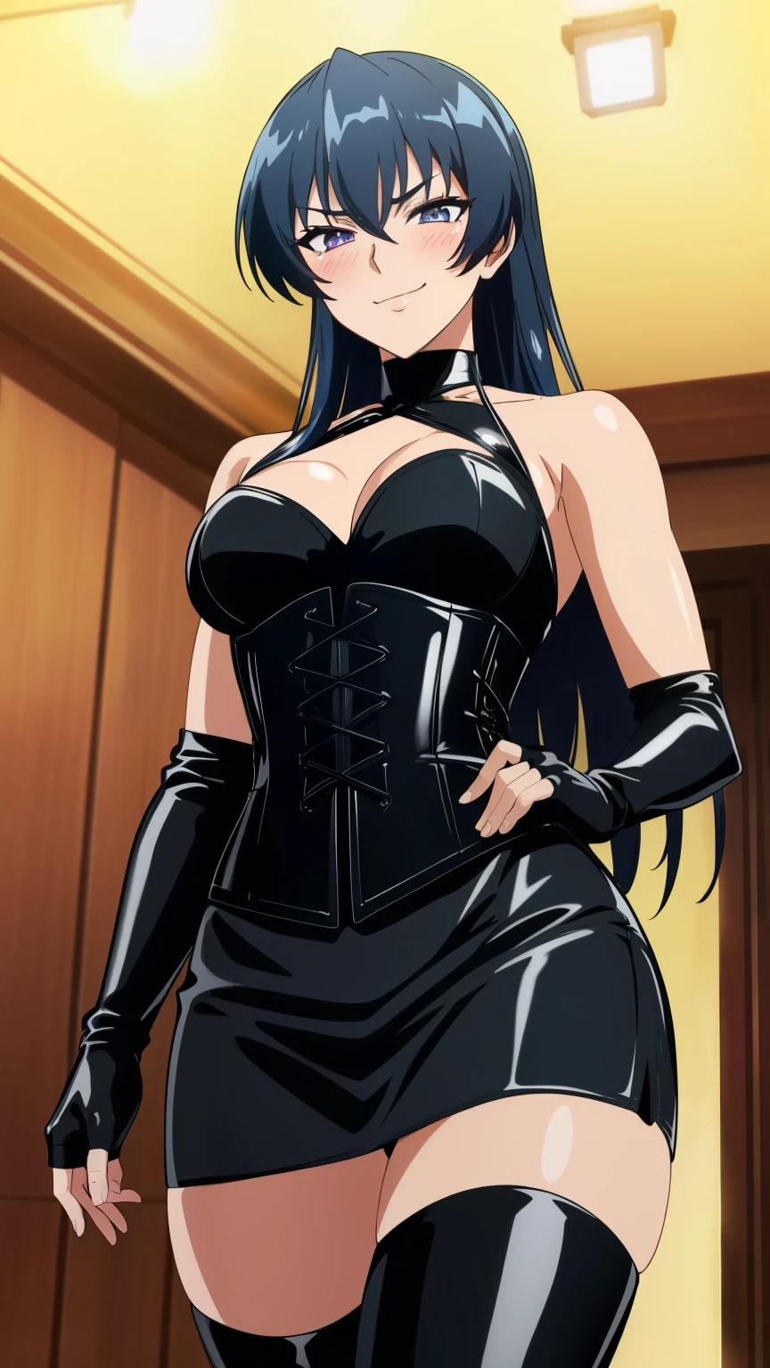 (masterpiece, best quality, high resolution, 8k:1.2), (anime), Asagi, (beautifully detailed eyes:1.2), highly detailed face, Long Hair,Blue Hair, Hair between the eyes,Thin, Side Lock, Purple eyes,  View your viewers,((Long gloves covered in black latex down to the fingertips), (Black latex corset dress), (Halter neck corset dress), (Black latex tight mini skirt), (Black thigh-high boots)), muscle, Intricate details, Cinema Lighting, One girl, Cowboy shot, Dynamic pose, smirk, blush