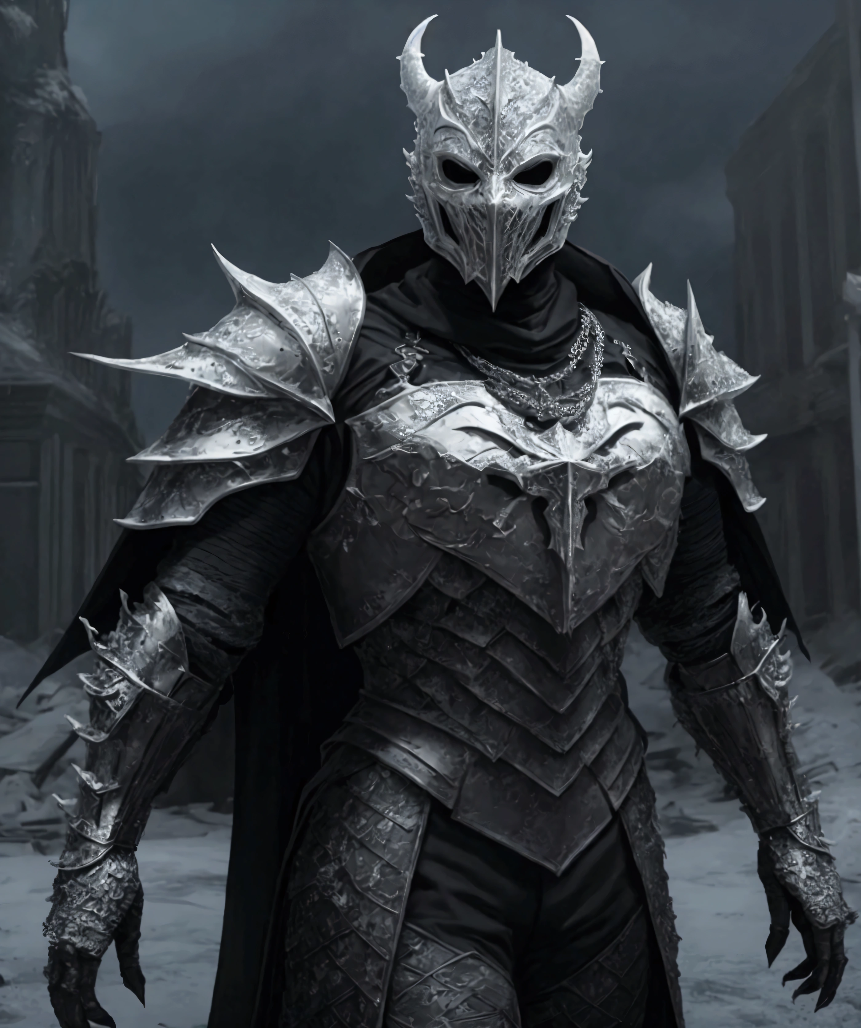 (extremely detailed 8k wallpaper), a medium shot photo of Grim dressed as a scary masked krystal-supervillain in a textured armour made of all white crystals glowing armour with textured details from marvel, theme, intricate, high detail, dramatic, big mud monster and destroyed buildings in the background