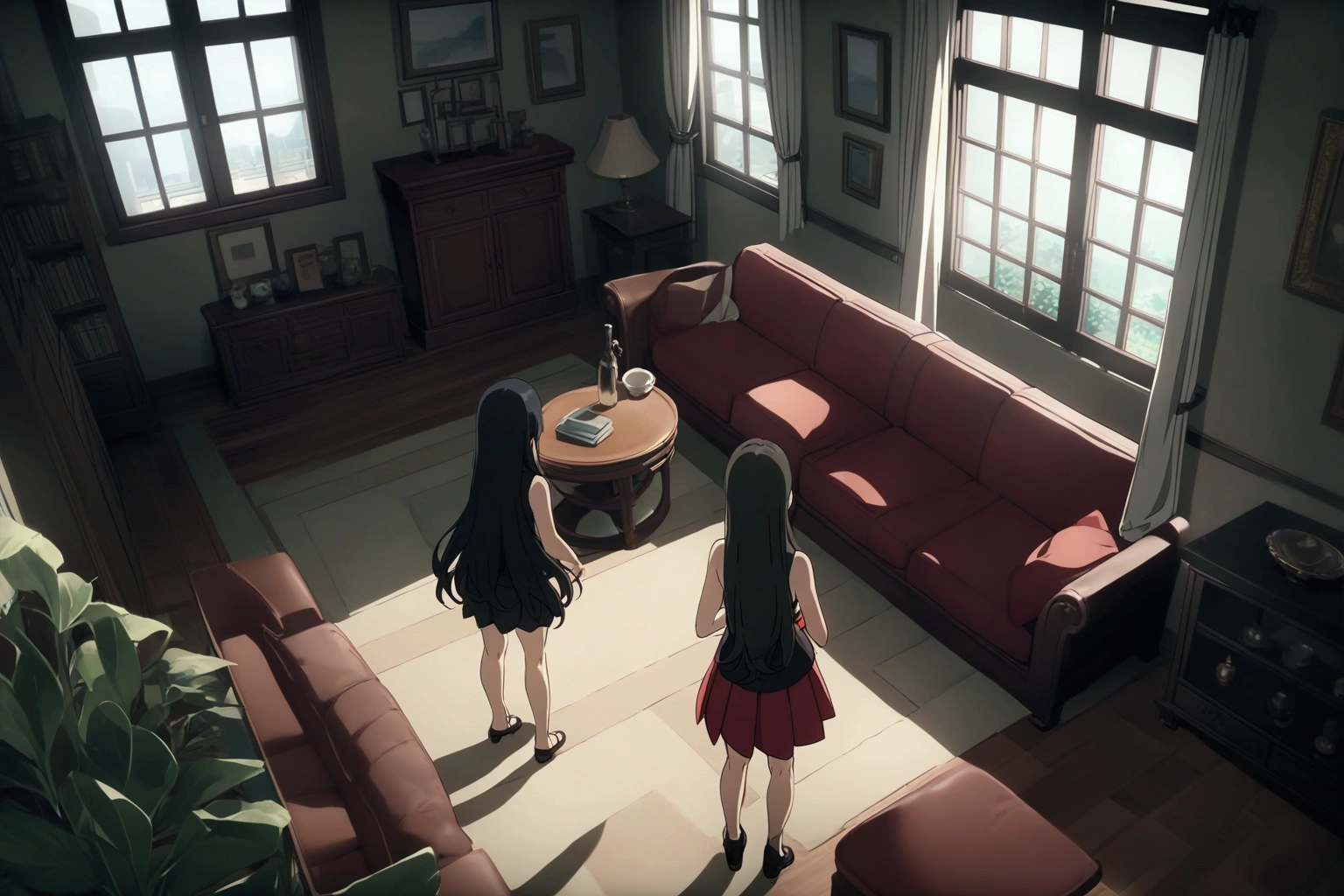 anime screencap, 1girl, LONG HAIR, BLACK HAIR,BLACK DRESS, SLEEVELESS, PLEATED SKIRT,BLACK SHIRT, NECKTIE, RED BELT, standing, living room, couch, window, indoor, from above