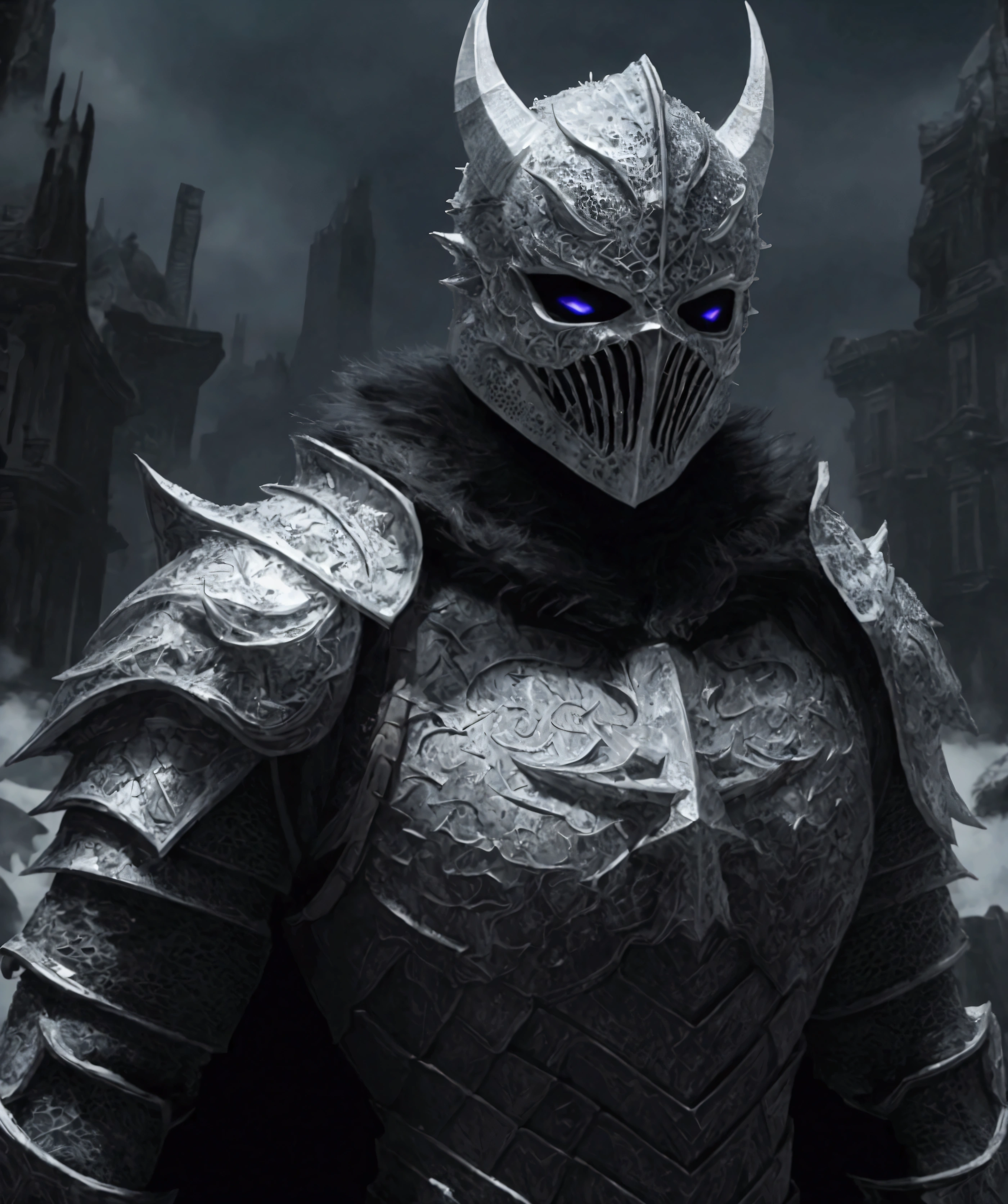 (extremely detailed 8k wallpaper), a medium shot photo of Grim dressed as a scary masked krystal-supervillain in a textured armour made of all white crystals glowing armour with textured details from marvel, theme, intricate, high detail, dramatic, big mud monster and destroyed buildings in the background