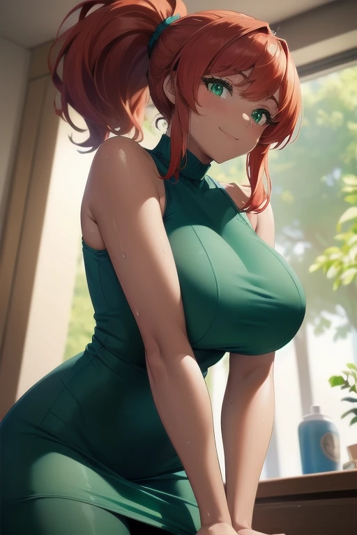 Highest quality　detailed　8k 20th generation 　Big Breasts　Shapely breasts　Tight waist　Green Eyes　(Dark Skin)　((shame))　smile　Redhead　ponytail　Looking up from below　(Sweat:1.0)　(blue tight dress)