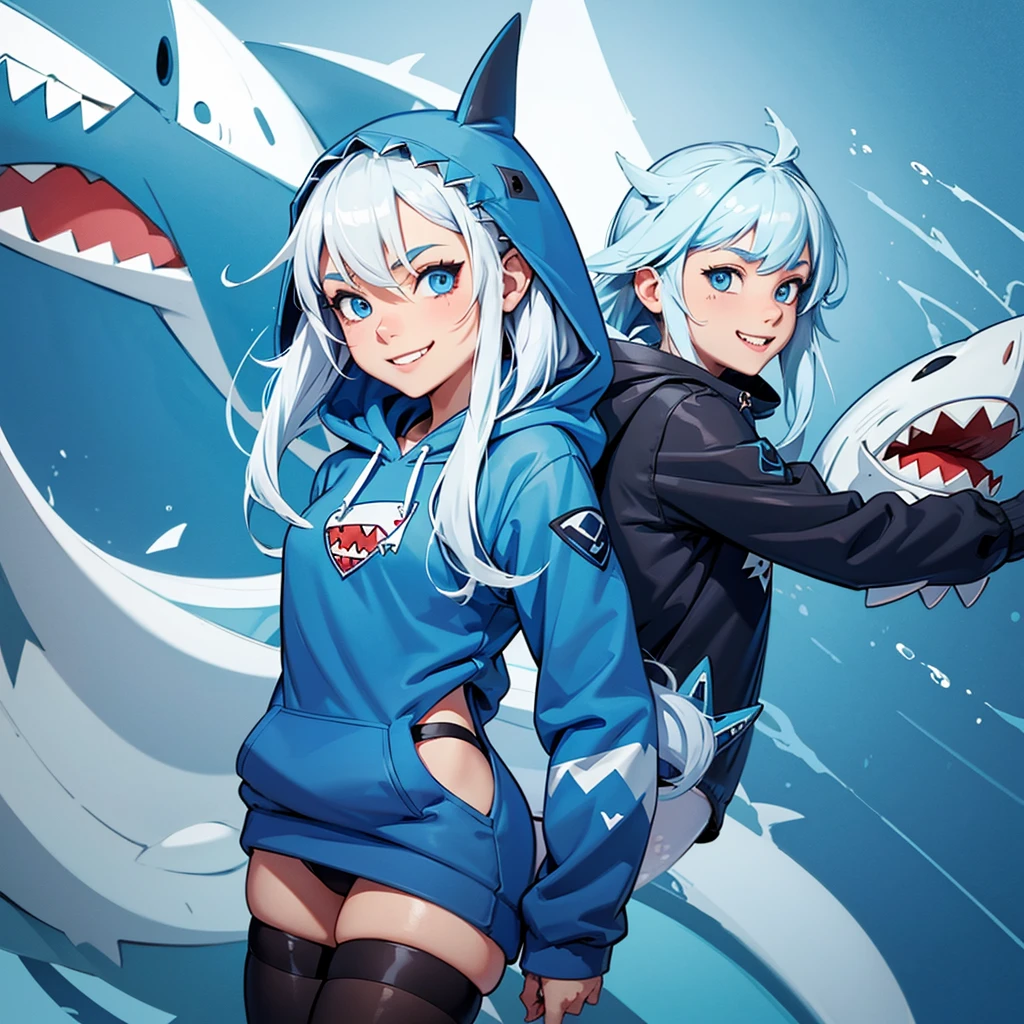 A cute illustration of Gawr Gura, the shark-themed VTuber, wearing her signature blue hoodie with a shark tail and hood. She has white hair with blue tips and big blue eyes. Gawr Gura is holding a trident and is surrounded by small, adorable shark plushies. The background is simple and easy, smiling joyful expression
