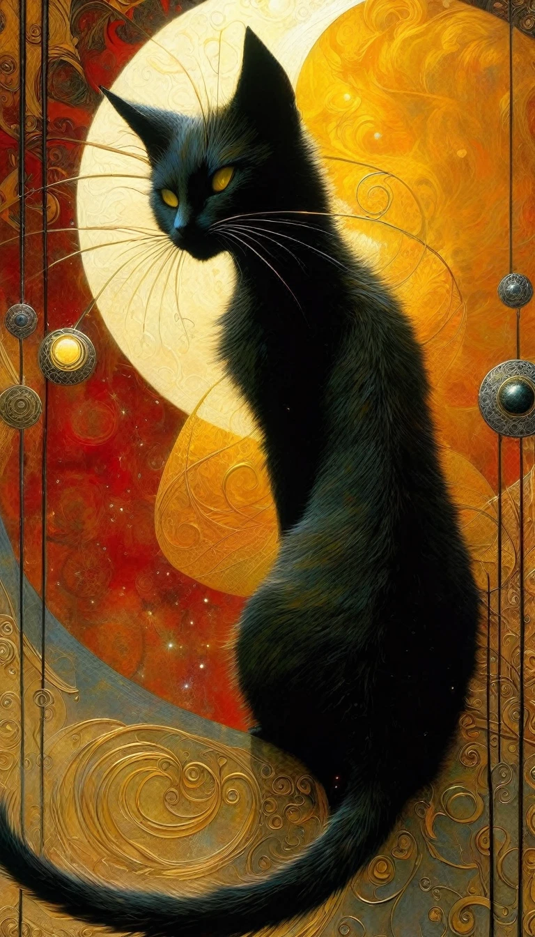 the sun against the moon, sexy, magic, one cat, art inspired by Dave Mckean, intricate details, oil painted
