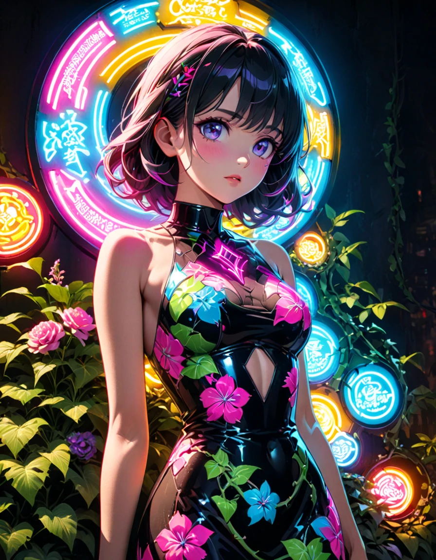 Detailed textures, high quality, high resolution, high accuracy, realism, color correction, correct lighting settings, harmonious composition. A beautiful anime girl in the style of Shoujo manga, stained glass dress, black background, vibrant colors, night time, cyberpunk, flowers and vines everwhere, neon lights glowing through all the plants and foliage --ar 71:128 --s 750 --niji 6 --style raw