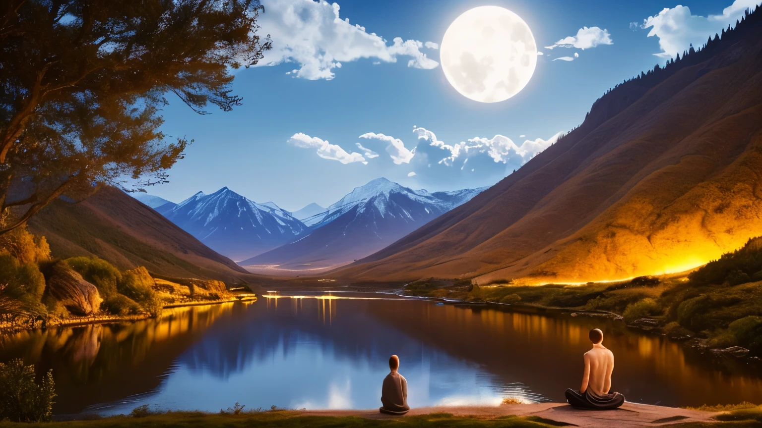 a person meditating. Loose Clothes. very detailed image Beautiful landscape of a valley illuminated by moonlight. Feeling of great wisdom. Dreamlike and fantastic world. cinematic lighting.