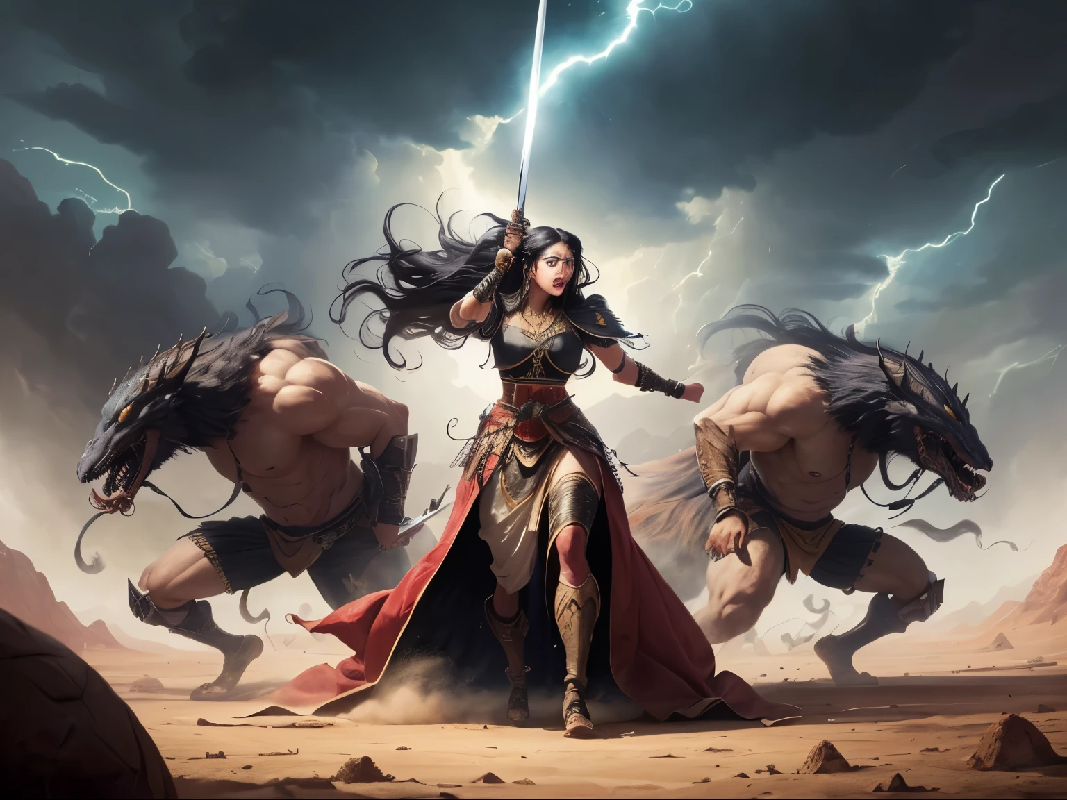 ((best quality)), ((masterpiece)), (detailed), A digital illustration of a furious queen fighting off crowd of monsters with a sword in a desert stormy setting. The woman has long black hair and is wearing a full traditional queen war attire. 
