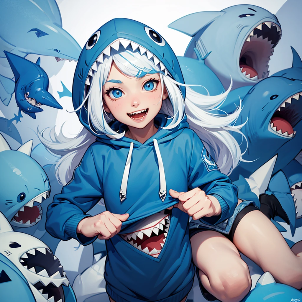 A cute illustration of Gawr Gura, the shark-themed VTuber, wearing her signature blue hoodie with a shark tail and hood. She has white hair with blue tips and big blue eyes. Gawr Gura is holding a trident and is surrounded by small, adorable shark plushies. The background is simple and easy, smiling joyful expression, perfect hands