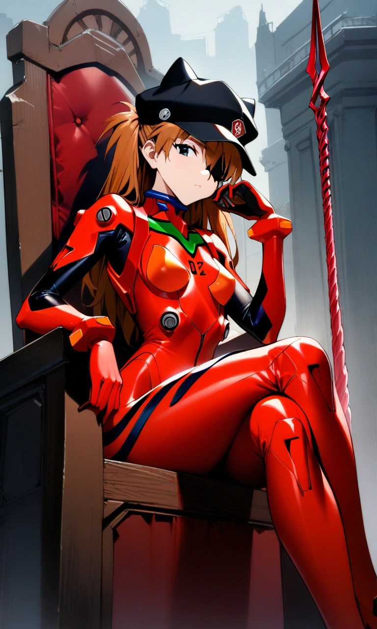 1girl, souryuu asuka langley, neon genesis evangelion, rebuild of evangelion, lance of longinus, cat hat, plugsuit, pilot suit, red bodysuit, sitting, crossed legs, black eye patch, throne, looking down, from bottom, looking at viewer, outdoors, masterpiece, best quality, very aesthetic, absurdres