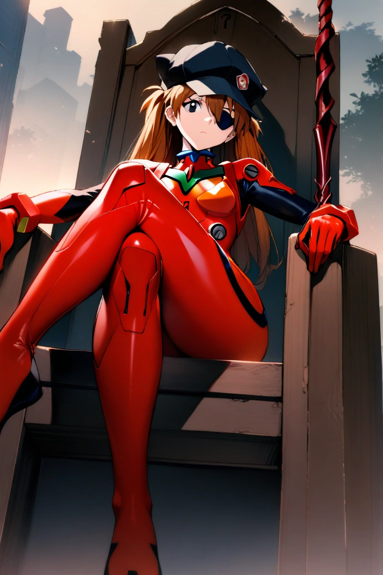 1girl, souryuu asuka langley, neon genesis evangelion, rebuild of evangelion, cat hat, plugsuit, pilot suit, red bodysuit, sitting on ground, crossed legs, black eye patch, looking down, from front, looking at viewer, outdoor, masterpiece, best quality, very aesthetic, absurdres
