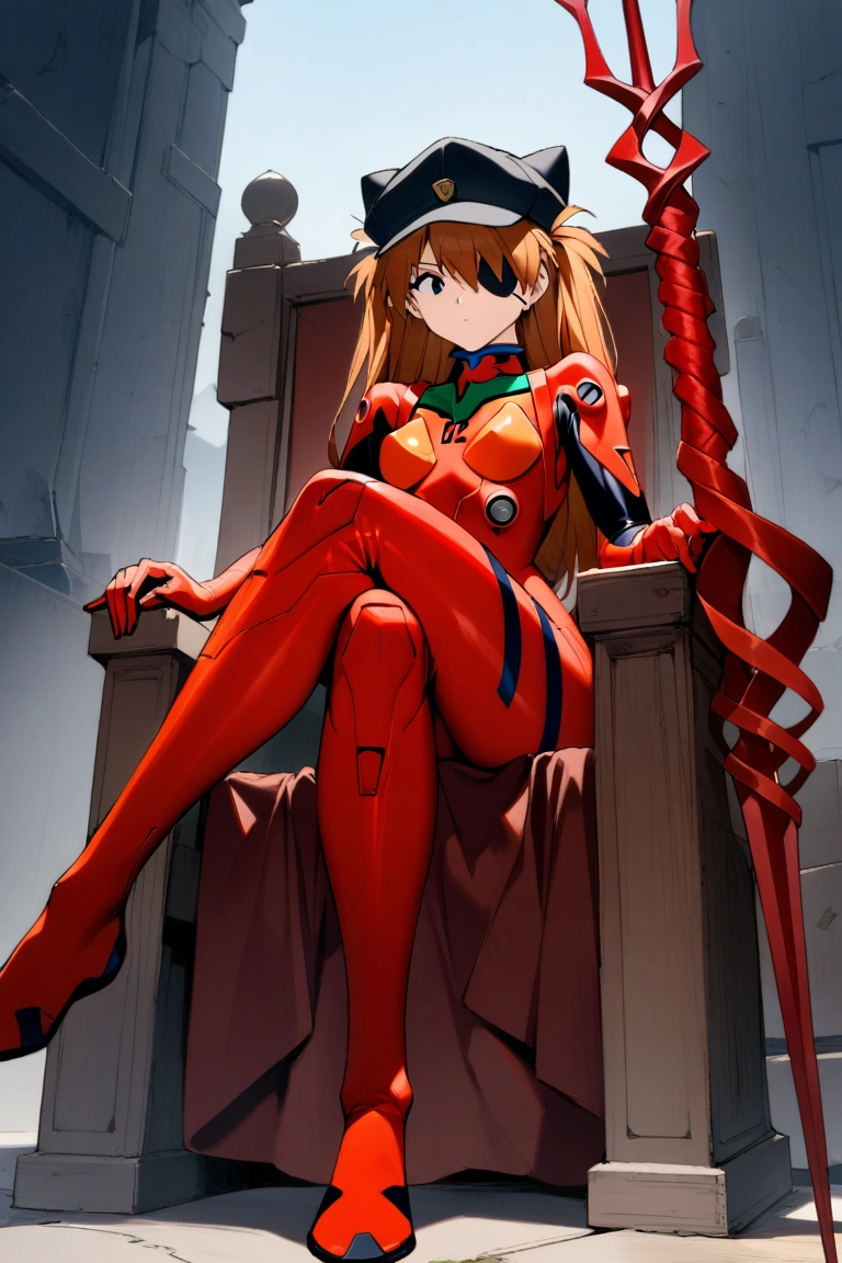 1girl, souryuu asuka langley, neon genesis evangelion, rebuild of evangelion, cat hat, plugsuit, pilot suit, red bodysuit, sitting on ground, crossed legs, black eye patch, looking down, from front, looking at viewer, outdoor, masterpiece, best quality, very aesthetic, absurdres
