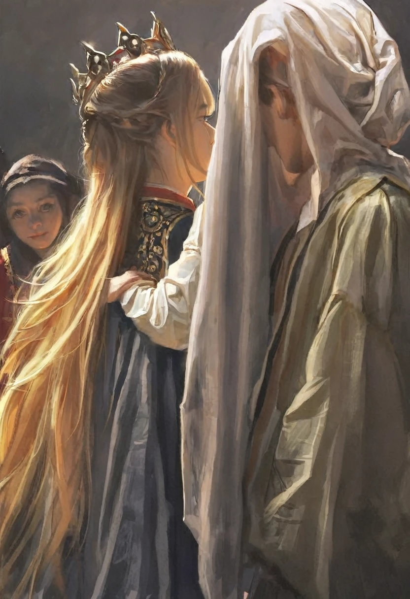score_9, score_8_up, score_7_up, score_6_up, score_5_up, score_4_up, art of fkey, art of Wen Liu, A blonde girl standing, hyperrealistic anime painting, royal clothes, anime painting, no tiara, loose long hair, black background, dramatic diagonal lighting, painterly, realistic painting, soft feature, detailed clothes, detailed, Rembrandt lighting, artwork of upper body, ultradetailed painting, soft facial features, rounded face