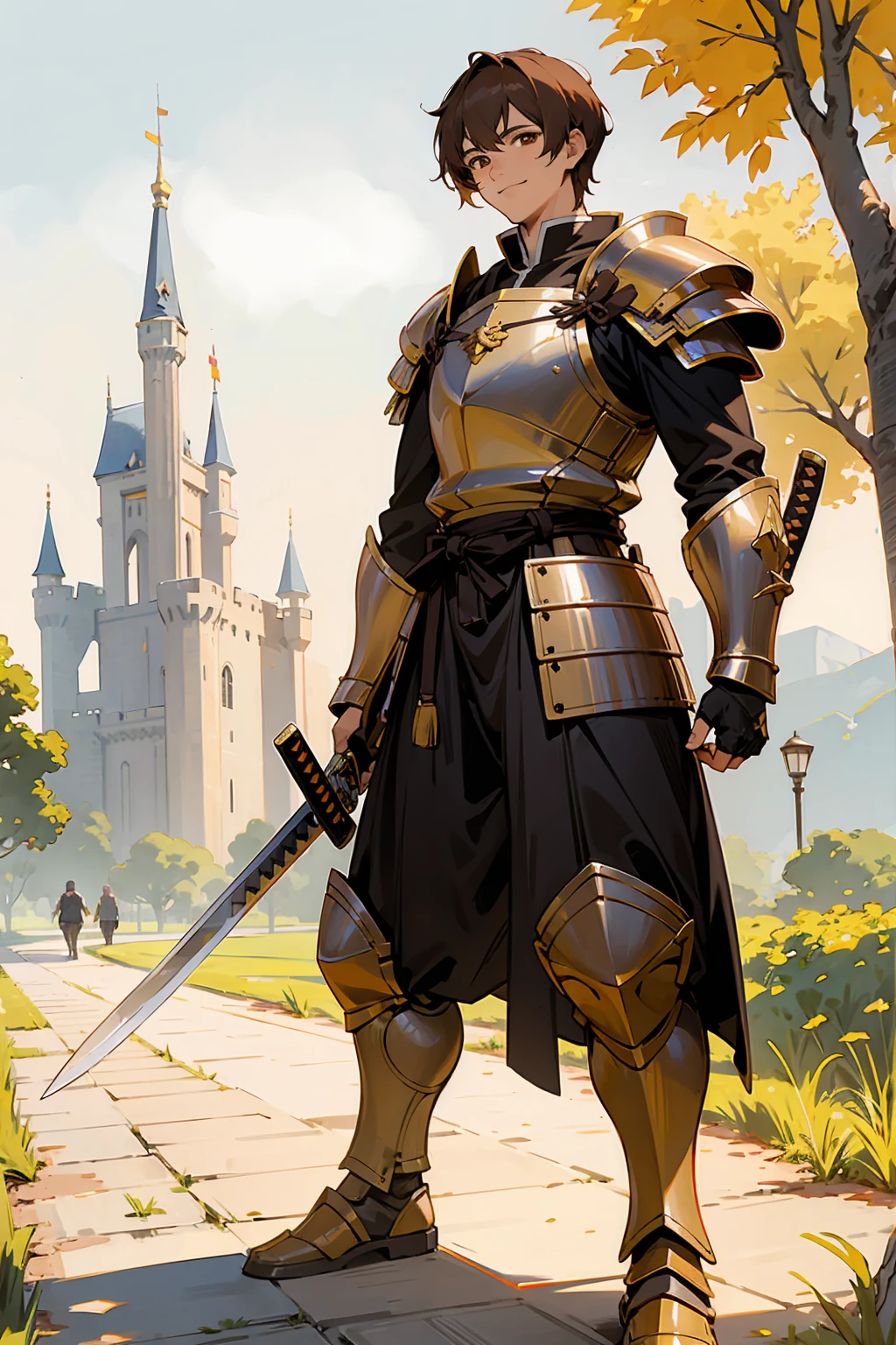 1male, Adult, Brown Eyes, Brown Hair, Yellow Hair Highlights, Short Hair, Knight Armor, Castle, Katana, Standing on Path, Smile, Sunny Day