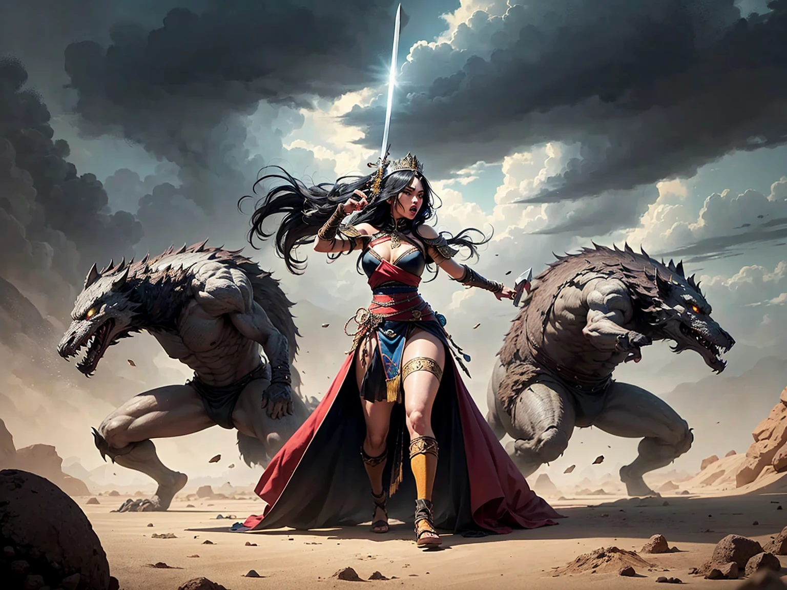 ((best quality)), ((masterpiece)), (detailed), A digital illustration of a furious queen fighting off crowd of monsters with a sword in a desert stormy setting. The woman has long black hair and is wearing a full traditional queen war attire. 