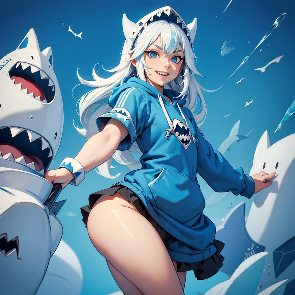 A cute illustration of Gawr Gura, the shark-themed VTuber, wearing her signature blue hoodie with a shark tail and hood. She has white hair with blue tips and big blue eyes. Gawr Gura is holding a trident and is surrounded by small, adorable shark plushies. The background is simple and easy, smiling joyful expression, perfect hands