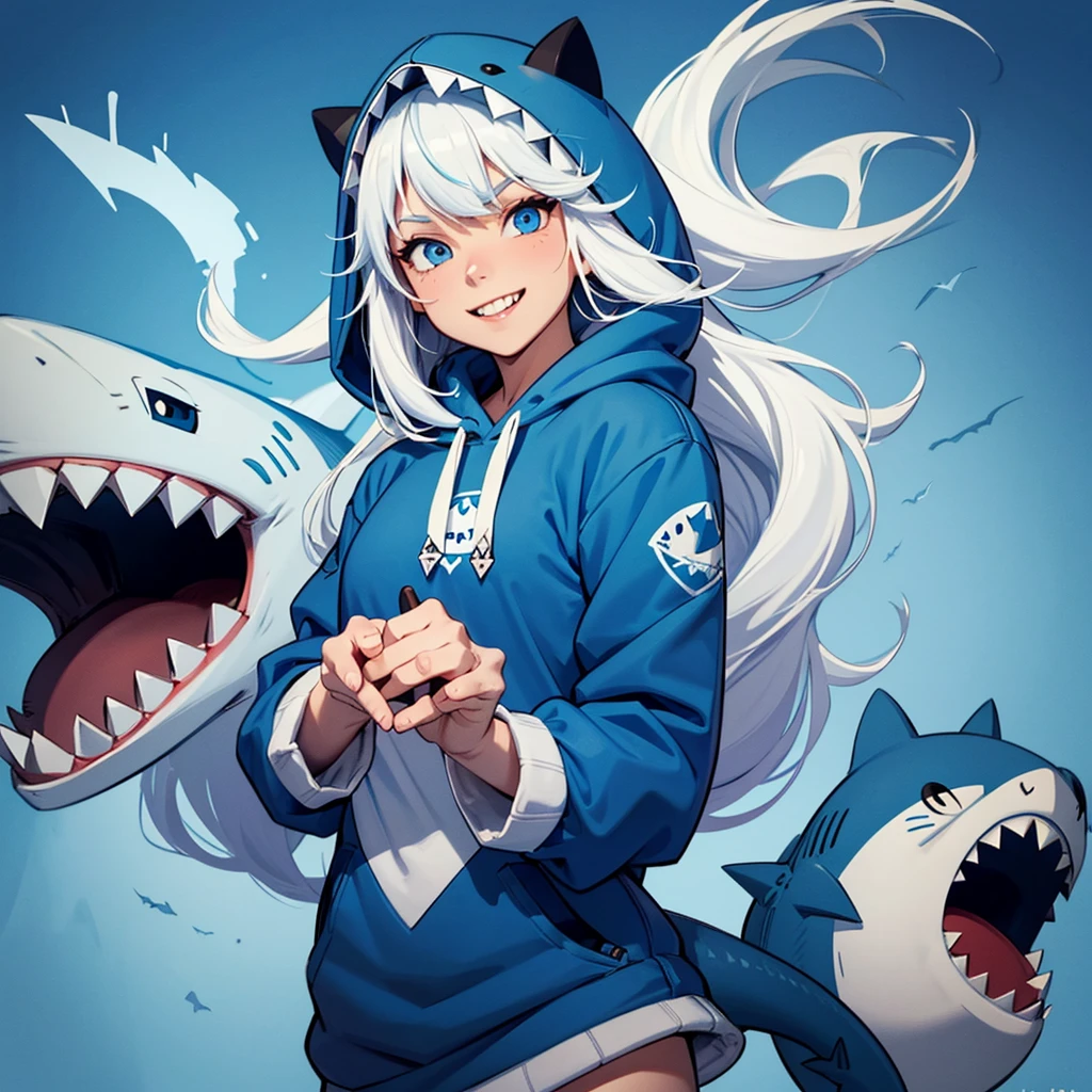 A cute illustration of Gawr Gura, the shark-themed VTuber, wearing her signature blue hoodie with a shark tail and hood. She has white hair with blue tips and big blue eyes. Gawr Gura is holding a trident and is surrounded by small, adorable shark plushies. The background is simple and easy, smiling joyful expression, perfect hands