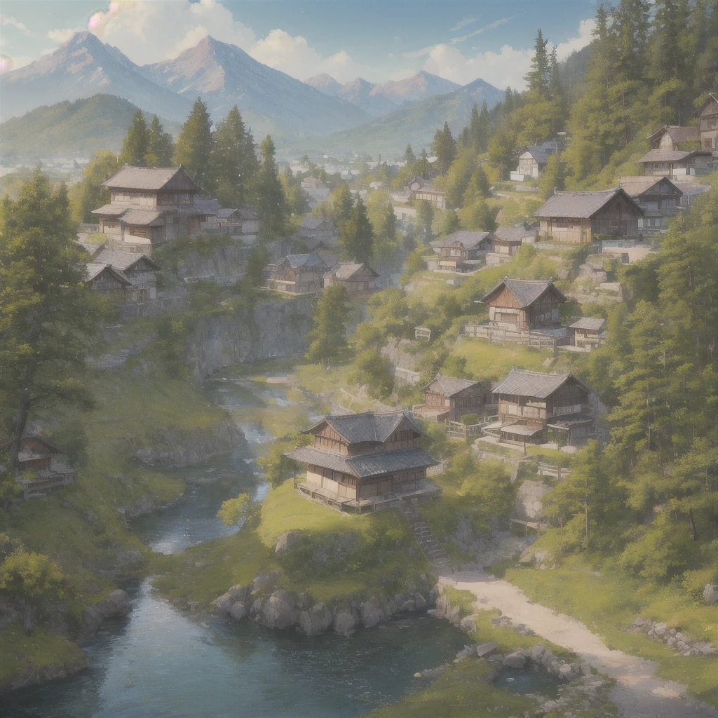 ((best quality)), ((masterpiece)), (detailed), Stylized environment, mountains in the background, small japanese village, trees on the forefront, gibli style environment