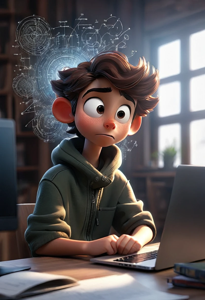 boy sitting in front of his laptop thoughtful but happy , above his head calculations appear in the air, programming sequences, gear