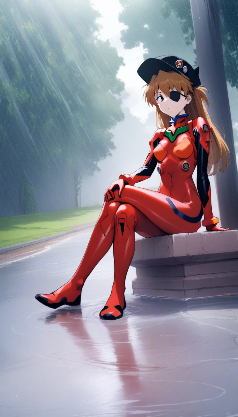 1girl, souryuu asuka langley, neon genesis evangelion, rebuild of evangelion, cat hat, plugsuit, pilot suit, red bodysuit, sitting, crossed legs, black eye patch, throne, looking down, from bottom, looking at viewer, outdoor, masterpiece, best quality, very aesthetic, absurdres