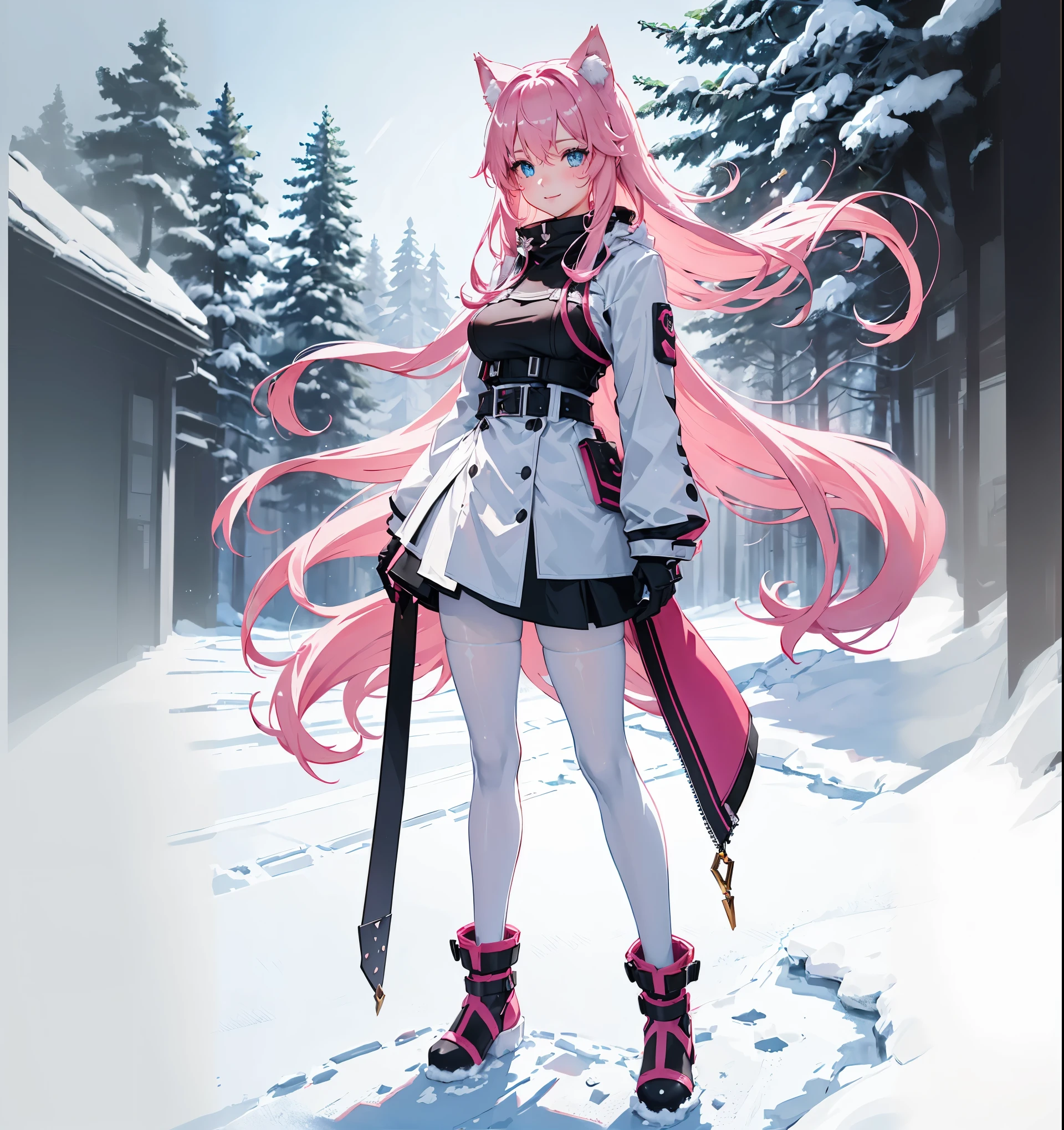 A black, white and light pink sword planted in the ground
