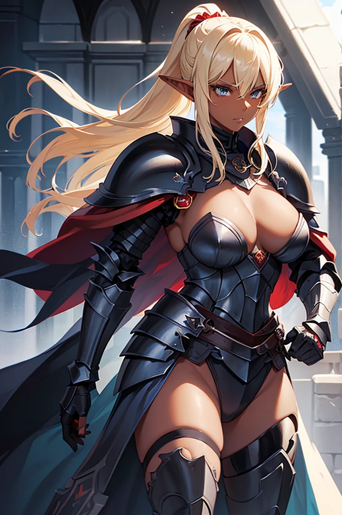 Beautiful images,Detailed Images,Official image,One Woman,Blonde,Blue Eyes,Ponytail Hair,Model body type,(Dark Skin:1.3),Elf Ears,Large Breasts,(Black Knight Heavy Armor,Red Cape:1.3),Carry a sheathed sword on your waist,